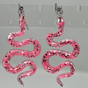Pink Silver Glitter Dangle Snake Statement Earrings Hypoallergenic Cute Fun